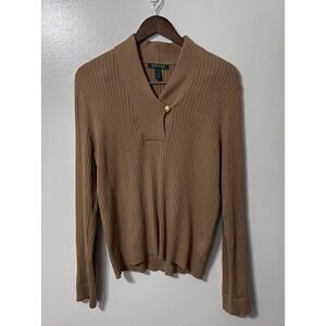 Lauren Ralph Lauren Women Sweater XL Knit V Neck Tan Preppy Old Money Equestrian